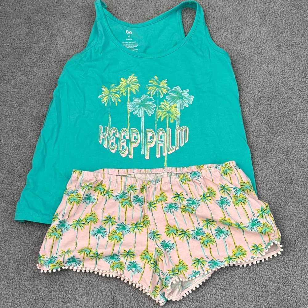 Teal Tank Top and Palm Tree Pajama Shorts Set